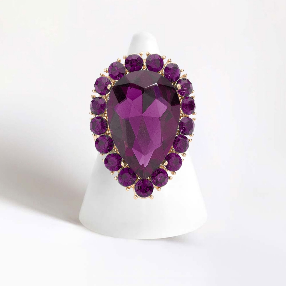 Purple Teardrop Stretch Rhinestone Crystal Cocktail Ring Finger Statement